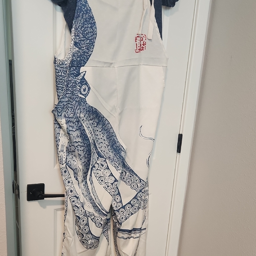Women's nautical Blue and white squid wide legged bib overalls. Size XL - Picture 2 of 8
